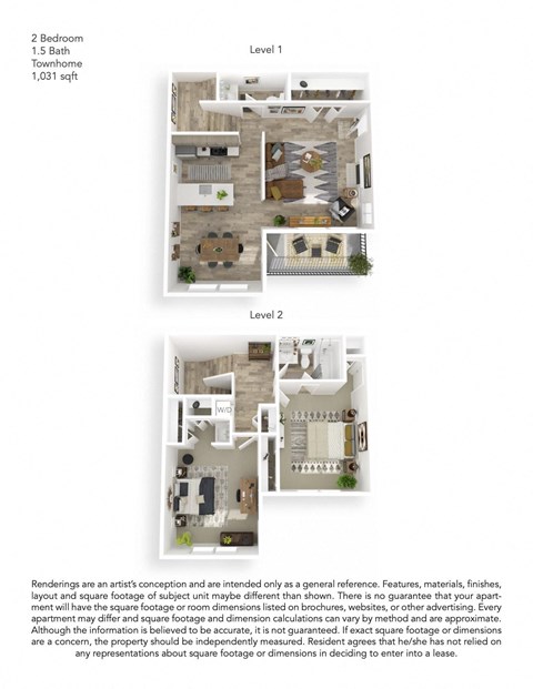 Floor plan for 2 beds, 1.5 baths, 1031 sqft
